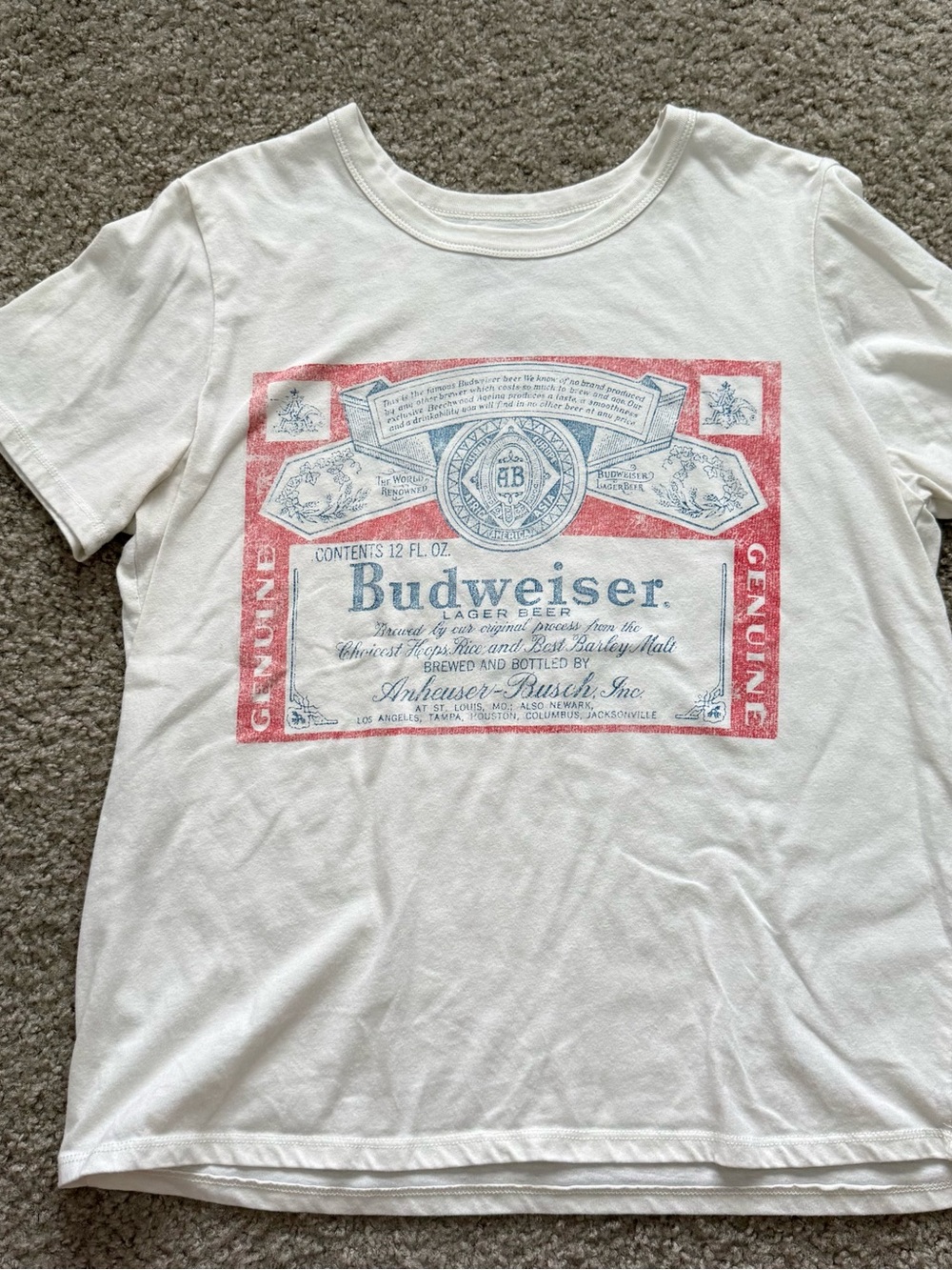 Budweiser White Tee with Red and Blue Label Graphic